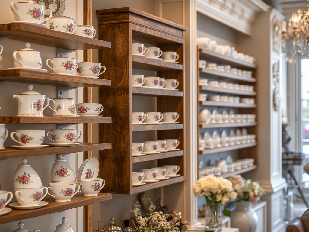 Tiered display stand with gold-rimmed teacups