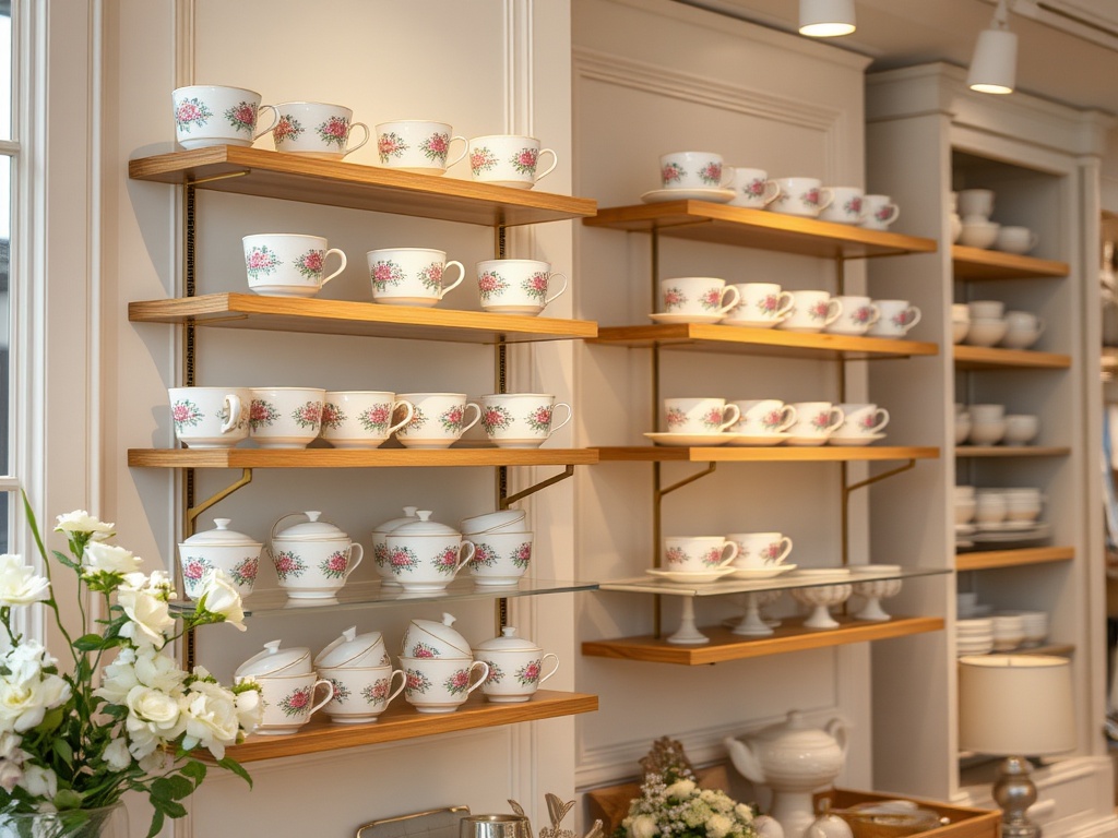 Wall-mounted teacup rack in natural wood and gold