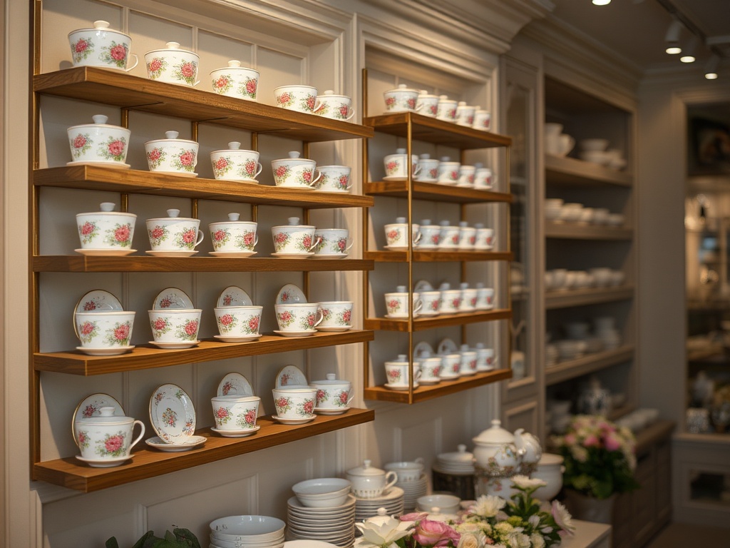 Display of mixed teacups on a tiered stand