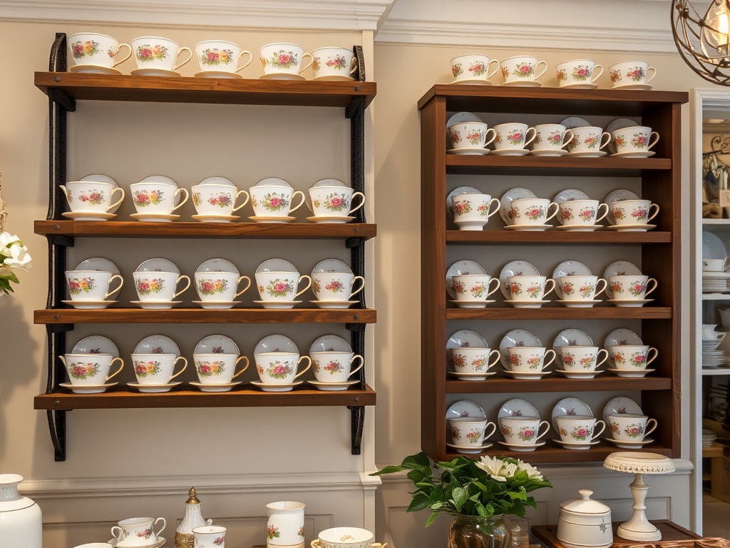 Gold-rimmed cups on a cream stand